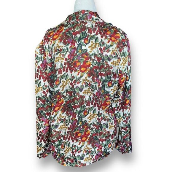 Vintage 90s Shirt Multicolor Fruit Dark Floral Print Reflective Satin Blouse 10 - Picture 5 of 10